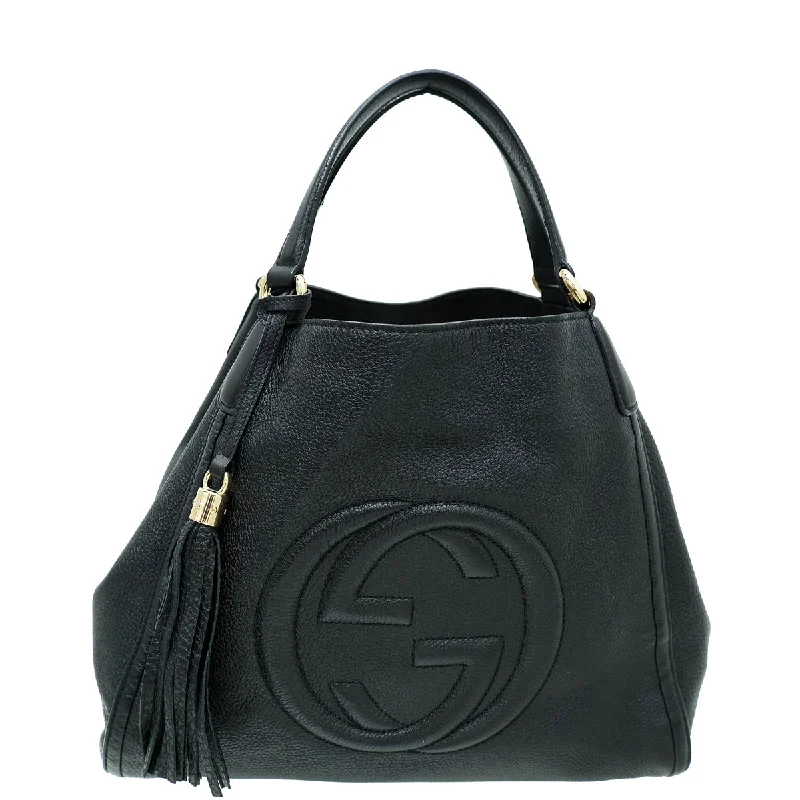 Women Gucci backpacks with a luxurious leather finishGucci Black Soho Tassel Tote Medium Shoulder Bag