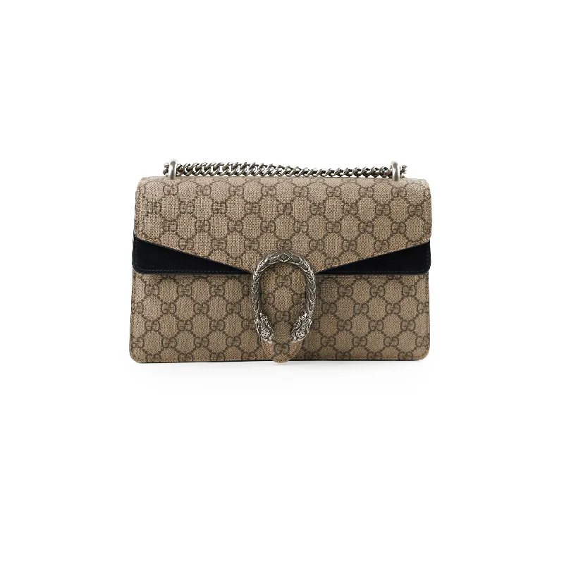 Ladies Gucci Dionysus bags with a detachable shoulder strapGucci Medium Dionysus GG Supreme Shoulder Bag Black