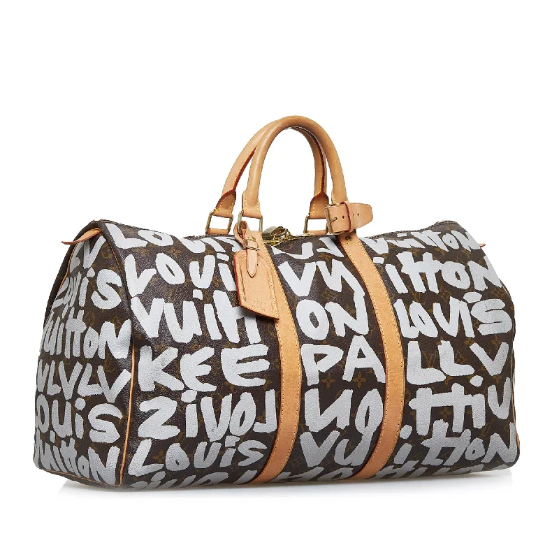 Louis Vuitton bags with a chain - link trim and a leather body for a modern edgeLouis Vuitton Monogram Graffiti Keepall 50