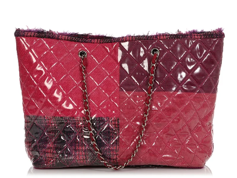 Chanel Designer Handbag with Unique DesignChanel Pink and Purple Tweed Patchwork PVC Tote