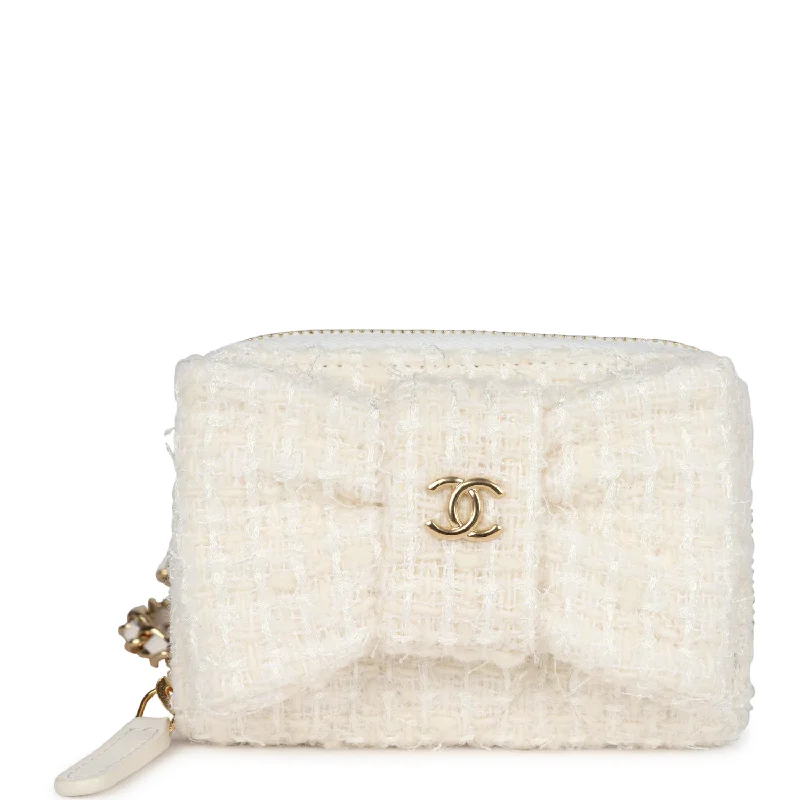 Chanel Limited Edition Handbag for CollectorsChanel Bow Wallet Card Holder on Chain White/Beige Tweed/Calfskin Gold Hardware