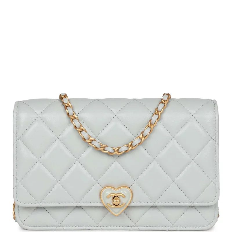 Chanel Small Crossbody Bag for TravelChanel Heart Wallet on Chain WOC Light Blue Lambskin Aged Gold Hardware