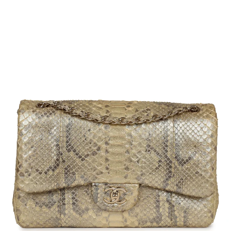 Chanel Luxury Handbag for High - End EventsPre-owned Chanel Jumbo Classic Double Flap Gold Metallic Python Gold Hardware