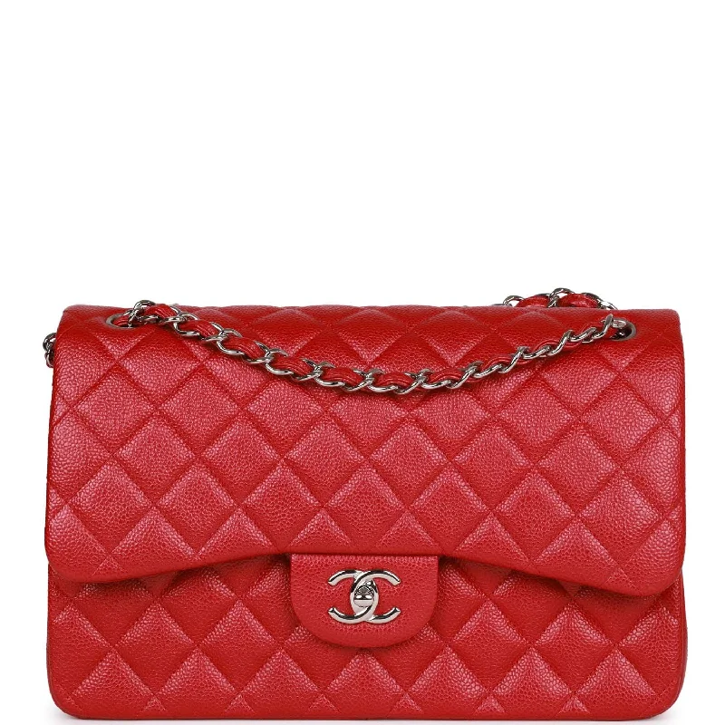 Chanel Handbag with Adjustable Strap for ComfortPre-owned Chanel Jumbo Classic Double Flap Bag Metallic Red Caviar Silver Hardware