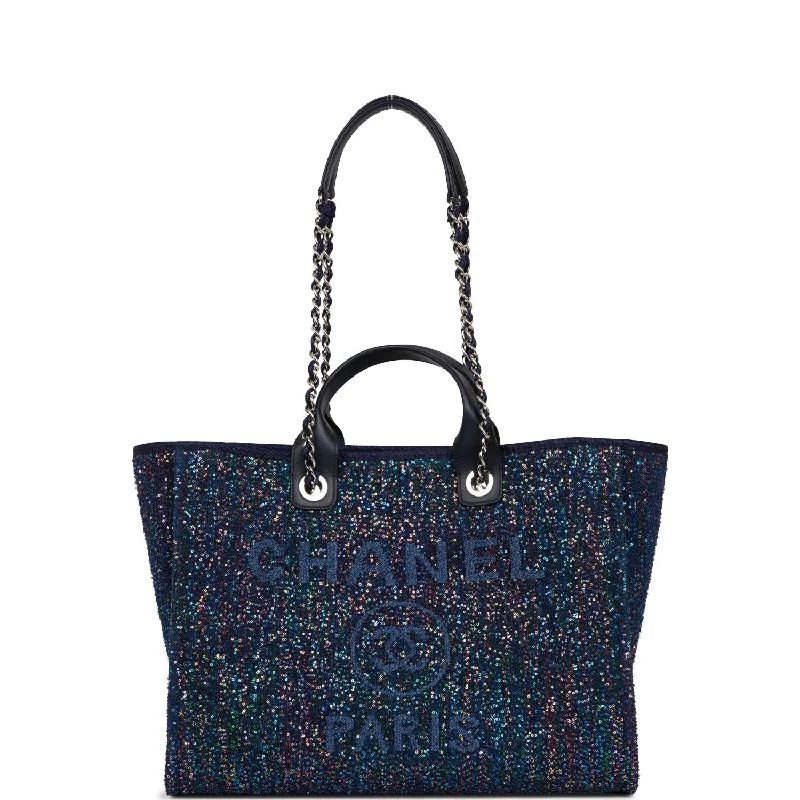 Chanel Designer Handbag with Unique DesignChanel Large Deauville Shopping Tote Blue Sequin Boucle Silver Hardware