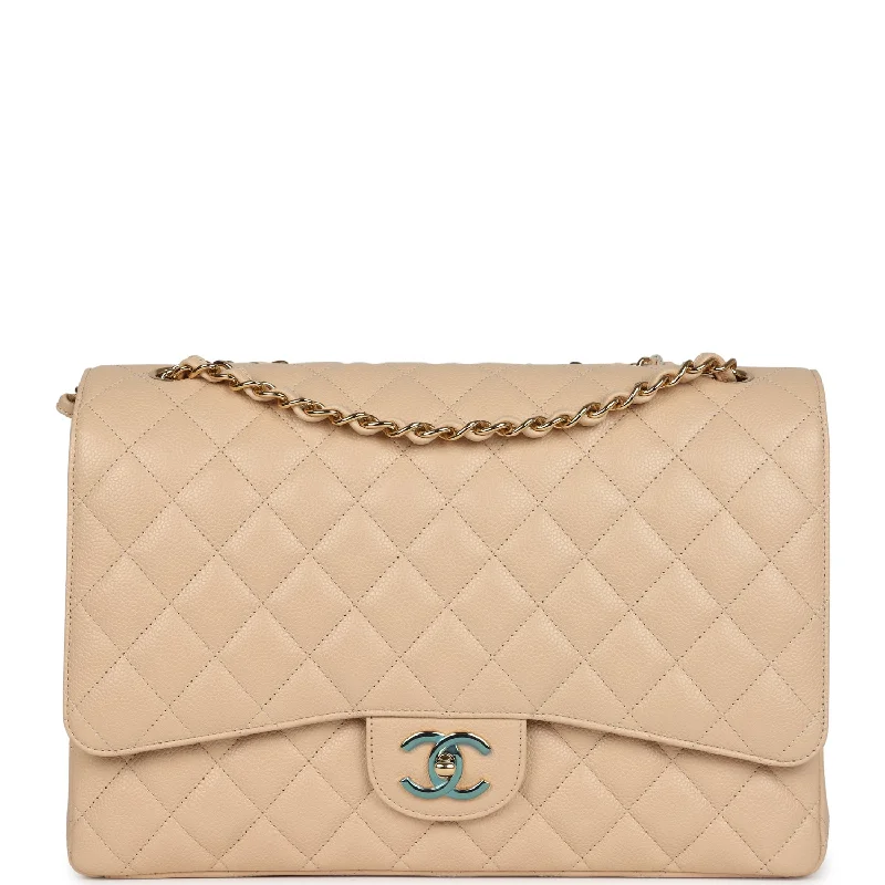 Chanel Quilted Leather Shoulder Bag for FashionistasChanel Maxi Classic Double Flap Bag Beige Caviar Gold Hardware