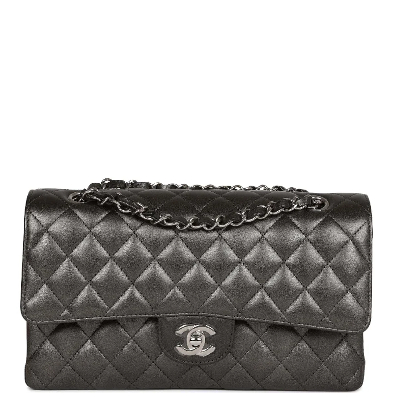 Chanel Quilted Leather Shoulder Bag for FashionistasChanel Medium Classic Double Flap Bag Metallic Grey Lambskin Silver Hardware