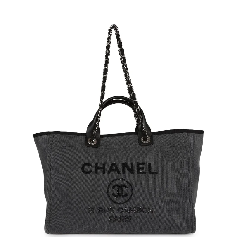 Chanel Handbag with Adjustable Strap for ComfortChanel Medium Deauville Shopping Tote Dark Grey Denim Silver Hardware