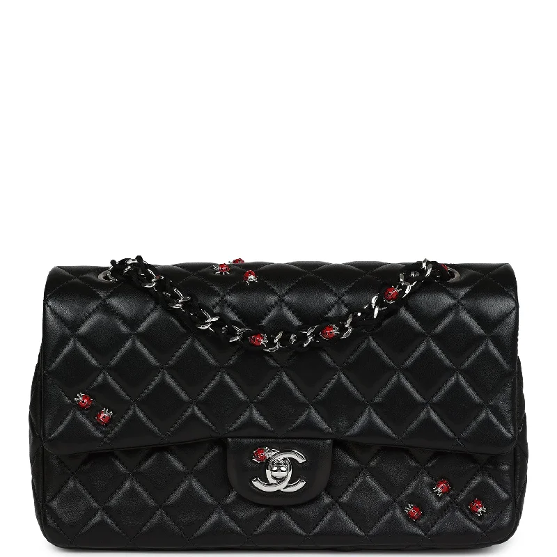 Chanel Luxury Handbag for High - End EventsPre-owned Chanel Medium Lady Bug Single Flap Bag Black Lambskin Silver Hardware