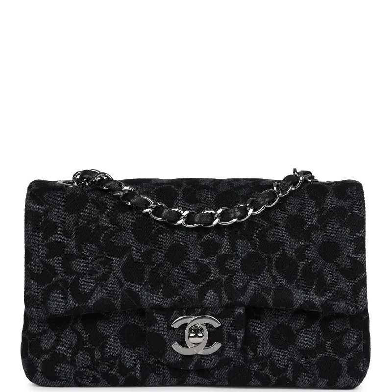 Chanel Small Crossbody Bag for TravelChanel Mini Rectangular Flap Black and Dark Blue Printed Denim Ruthenium Hardware