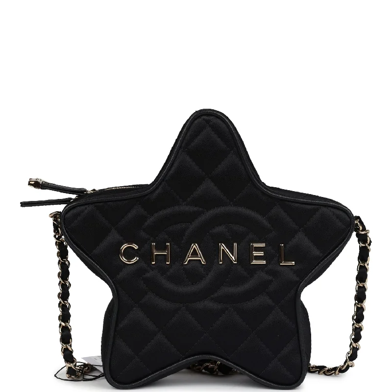 Chanel Handbag with Adjustable Strap for ComfortChanel Star Bag Black Satin Light Gold Hardware