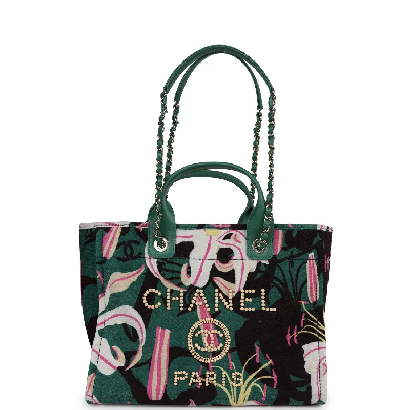 Chanel Vintage Inspired Handbag for Retro LoversChanel Small Deauville Shopping Tote Green and Pink Tropical Floral Velvet Light Gold Hardware