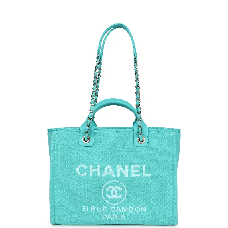 Chanel Vintage Inspired Handbag for Retro LoversChanel Small Deauville Shopping Tote Turquoise Canvas Light Gold Hardware