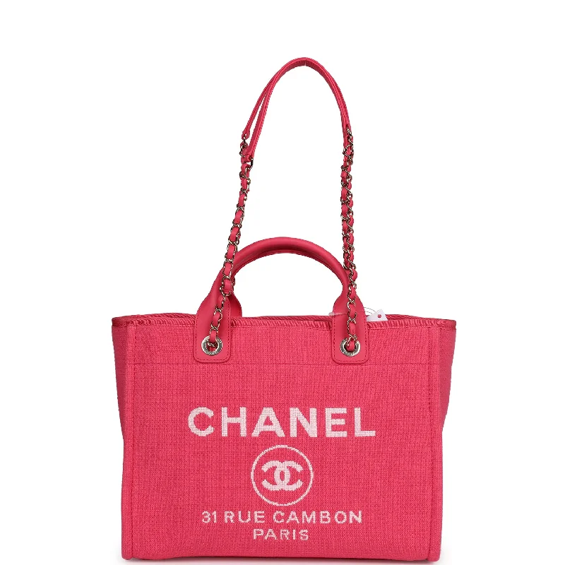 Chanel Designer Handbag with Unique DesignChanel Small Deauville Shopping Tote Hot Pink Canvas Light Gold Hardware