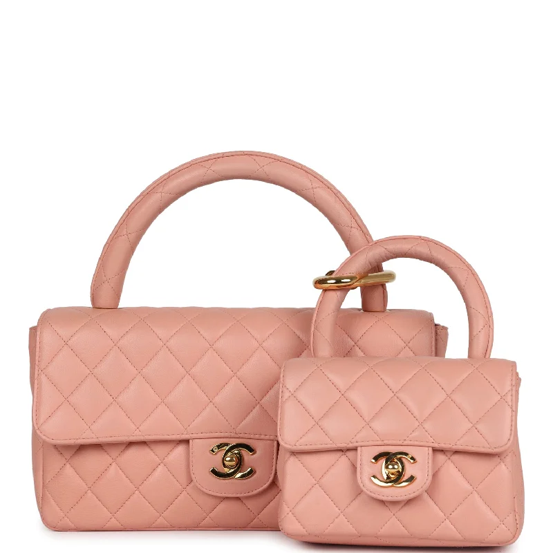 Chanel Designer Handbag with Unique DesignVintage Chanel Kelly Parent and Child Flap Bag Set Pink Lambskin Gold Hardware