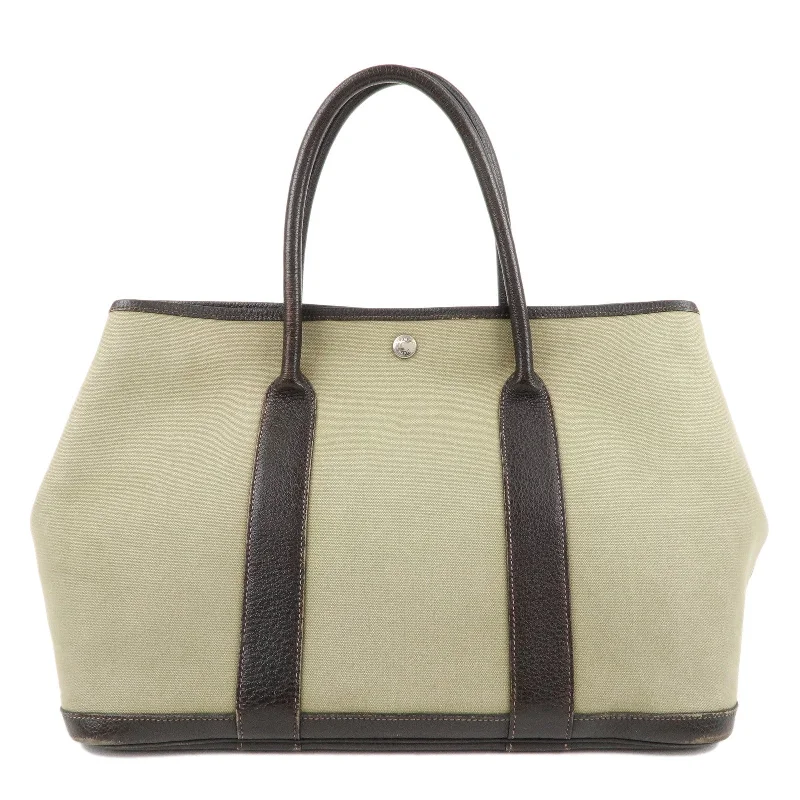 HERMES Canvas Leather Garden Party PM T Stamped Tote Bag Khaki