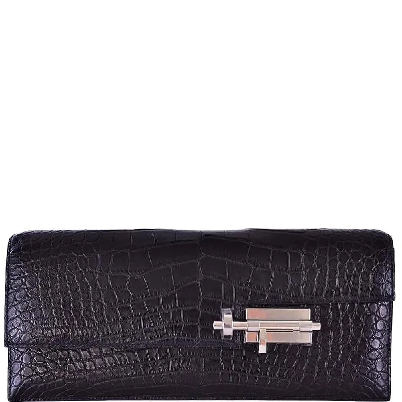 Hermès Verrou Alligator Elan Clutch Black Matte Palladium Hardware