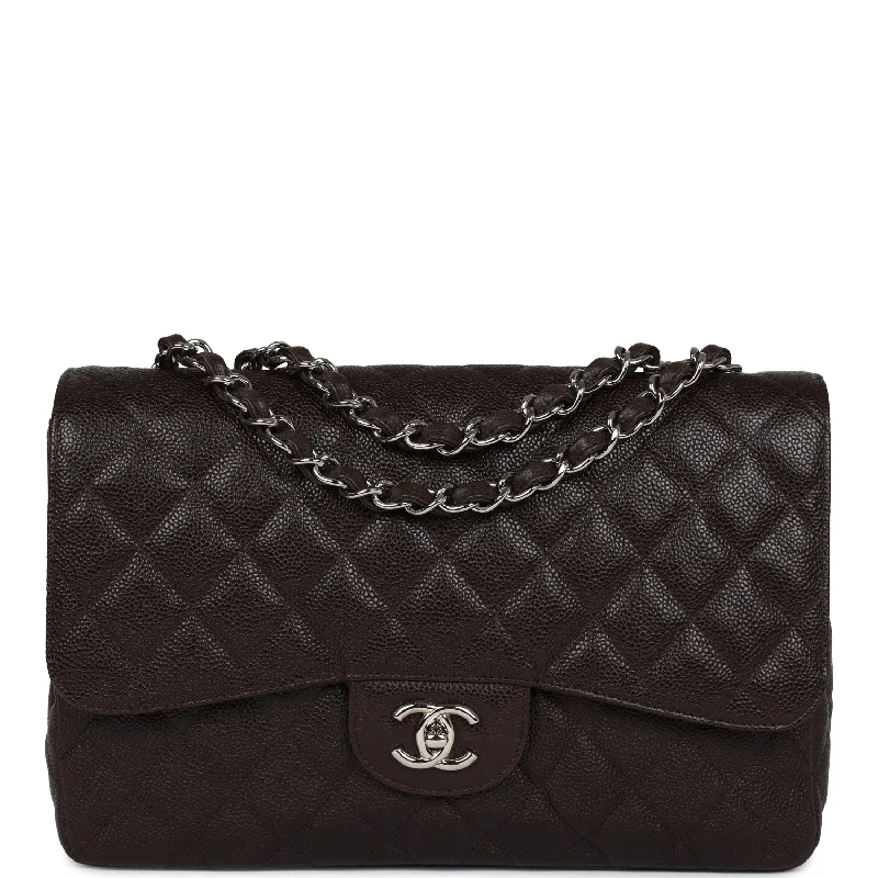 Chanel Designer Handbag with Unique DesignPre-owned Chanel Jumbo Classic Single Flap Dark Brown Caviar Silver Hardware