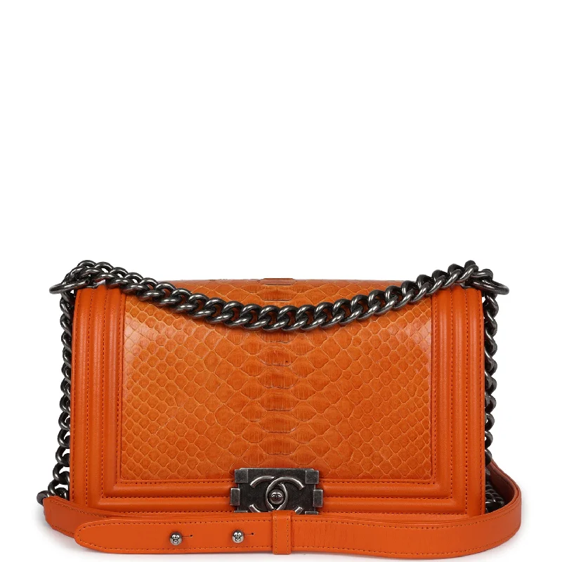 Chanel New Arrival Handbag with Gold HardwarePre-owned Chanel Medium Boy Bag Orange Python Aged Ruthenium Hardware