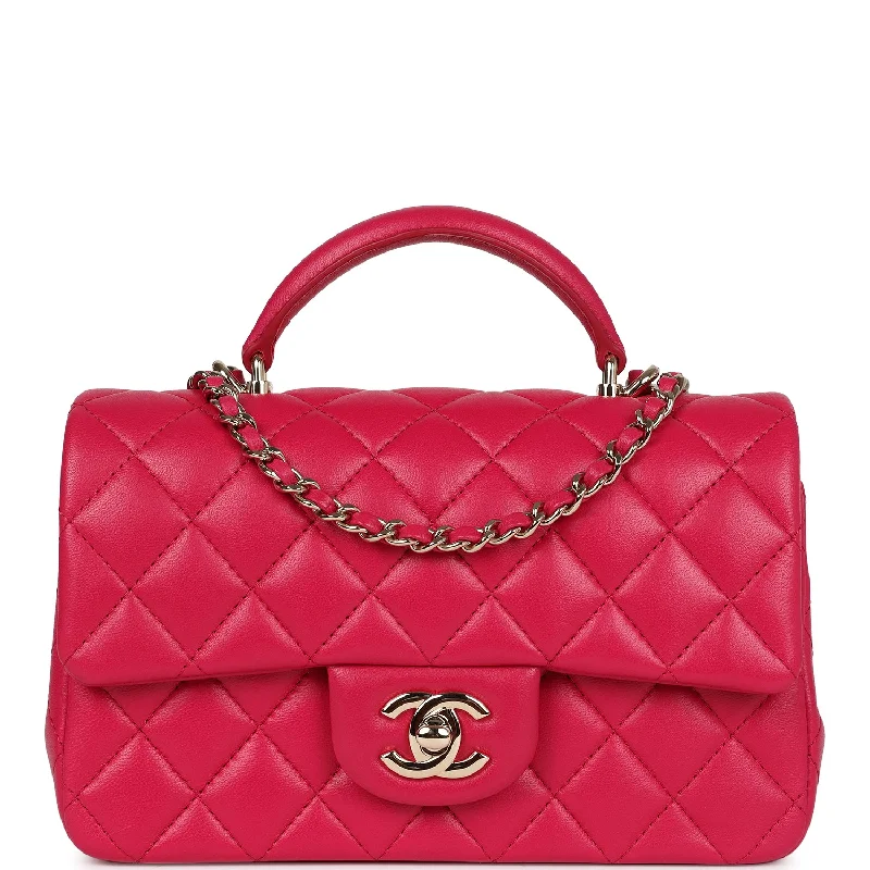 Chanel Handbag with Adjustable Strap for ComfortPre-owned Chanel Mini Top Handle Rectangular Flap Bag Fuchsia Lambskin Light Gold Hardware