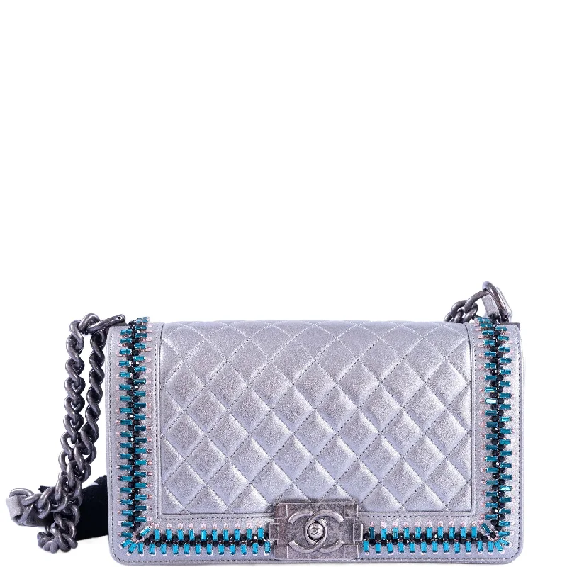 Chanel Medium Boy Flapbag Metallic Silver with Swarovski Crystals