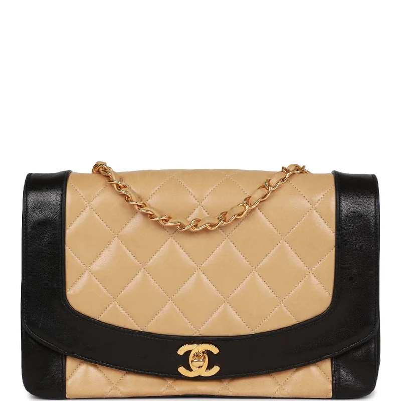 Chanel Quilted Leather Shoulder Bag for FashionistasVintage Chanel Medium Diana Flap Bag Black and Beige Lambskin Gold Hardware