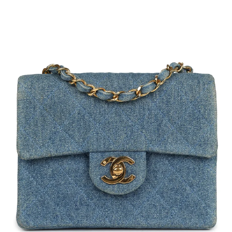 Chanel Handbag with Adjustable Strap for ComfortVintage Chanel Mini Square Flap Bag Blue Denim Gold Hardware