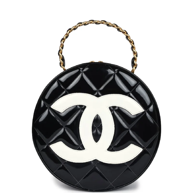 Chanel Luxury Handbag for High - End EventsVintage Chanel Round Vanity Bag Black and White Patent Leather Antique Gold Hardware