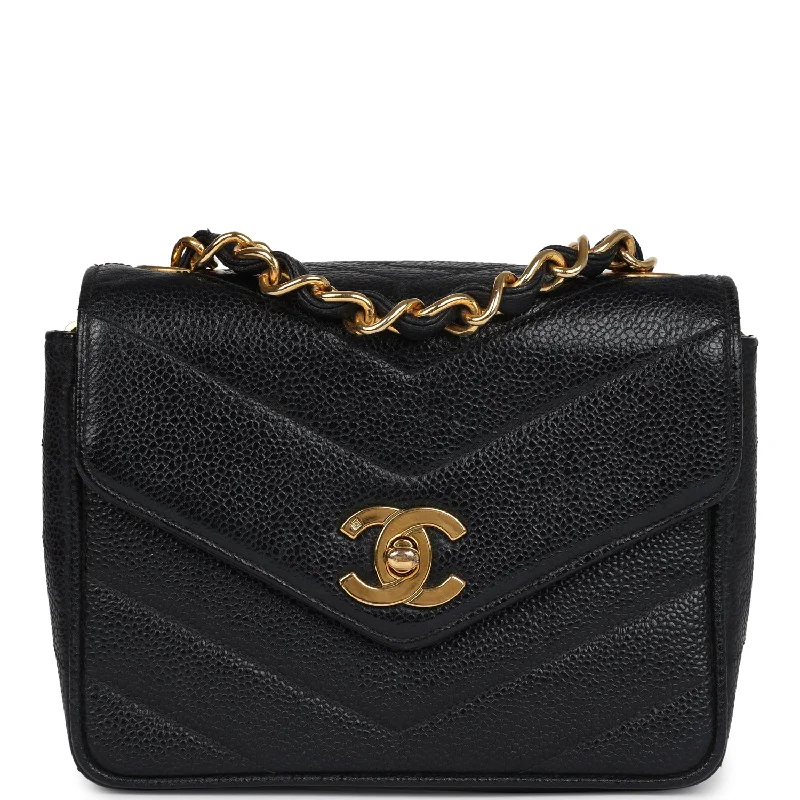 Chanel Chain Strap Handbag for Everyday UseVintage Chanel Square Chevron Envelope Flap Bag Black Caviar Gold Hardware