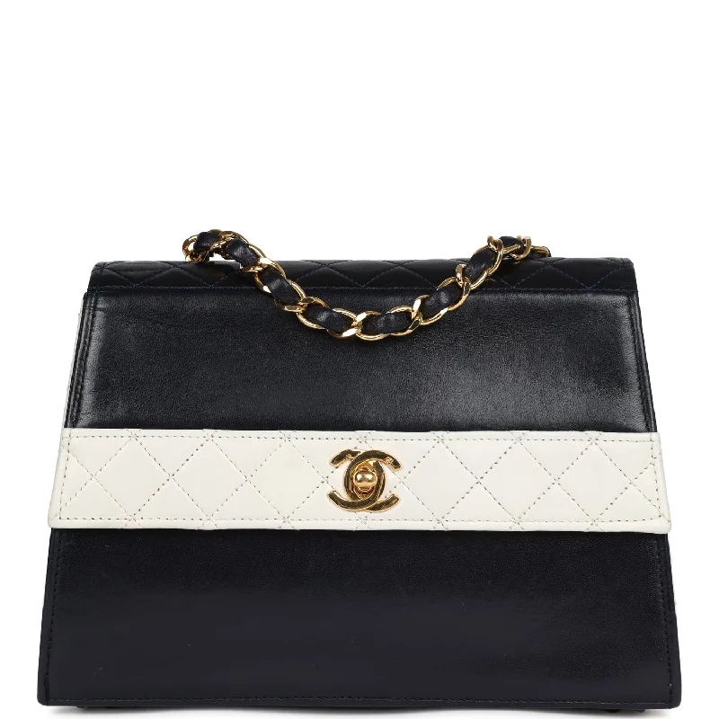 Chanel All - Match Handbag for Versatile StylingVintage Chanel Trapezoid Flap Bag Navy and White Lambskin Gold Hardware