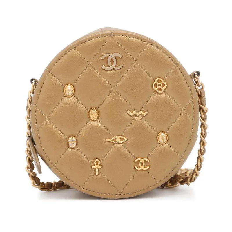 Chanel Designer Handbag with Unique DesignCHANEL Matelasse Round ChainShoulder Bag Gold Lambskin