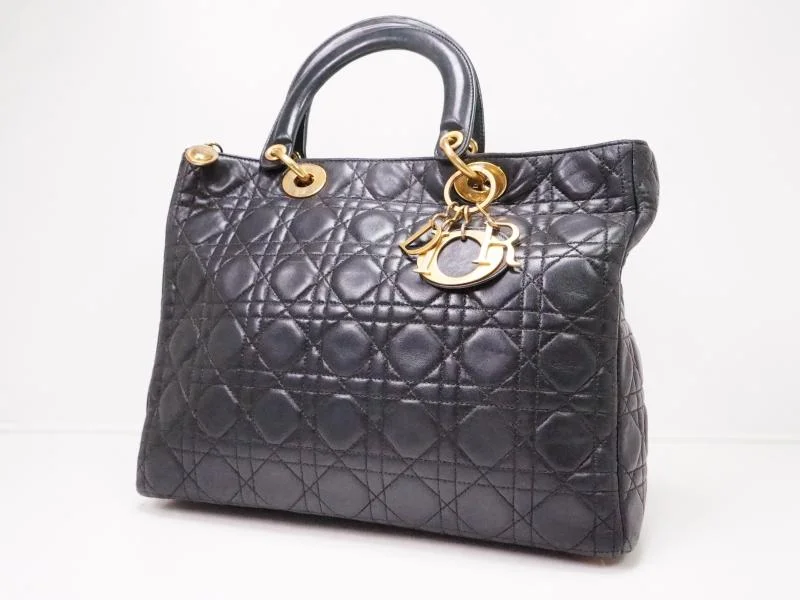 High - fashion Christian Dior bags with a geometric patternAuthentic Pre-owned Christian Dior Black Lady Dior Cannage Quilted Lambskin Hand Tote Bag 223001