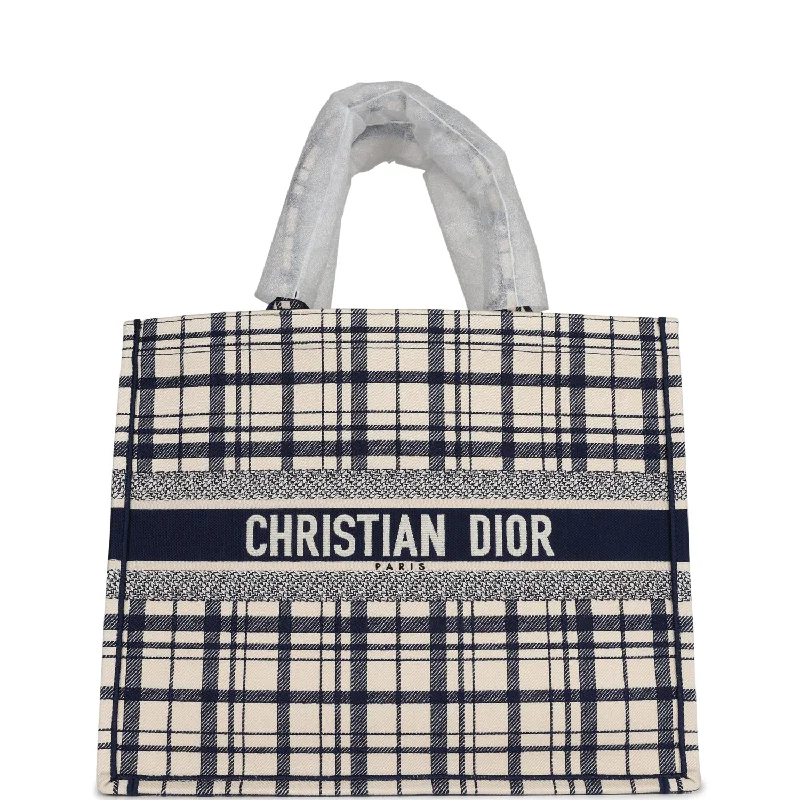 Christian Dior handbags with a back - pocket for quick storageChristian Dior Blue and White Canvas Check'n' Large Book Tote