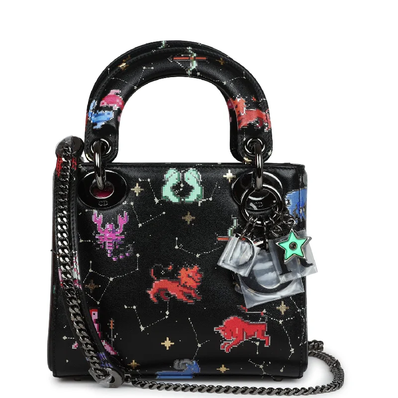 Christian Dior bags with a side - pocket for holding a water bottleChristian Dior Mini Lady Dior Zodiac Pixel Black Calfskin Ruthenium Hardware