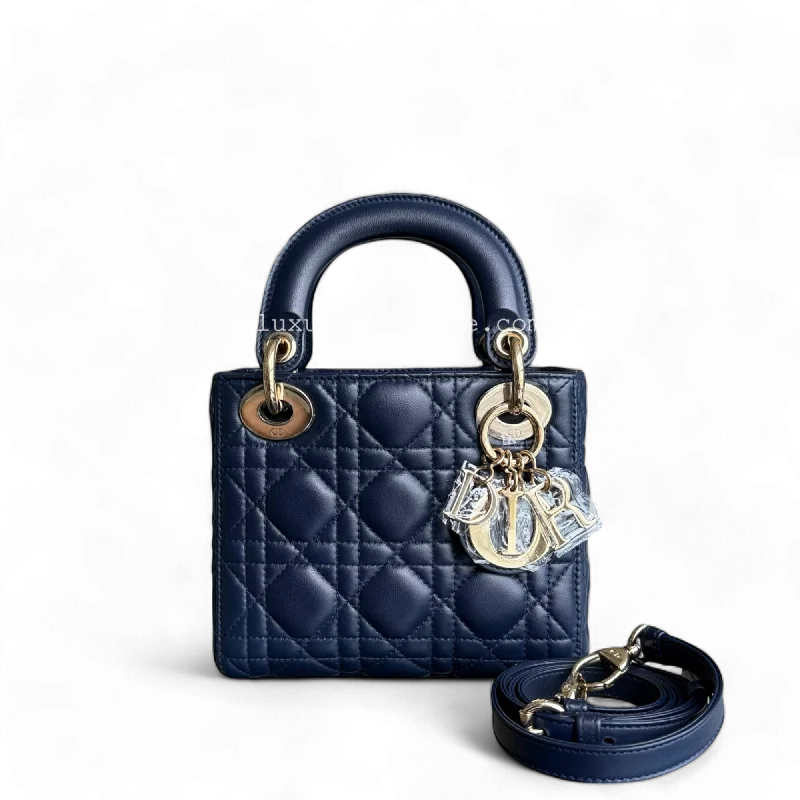 Luxury Christian Dior crossbody bags with a chain - link strapDior Lady Mini - Cannage Lambskin Dark Navy Blue Gold Hardware