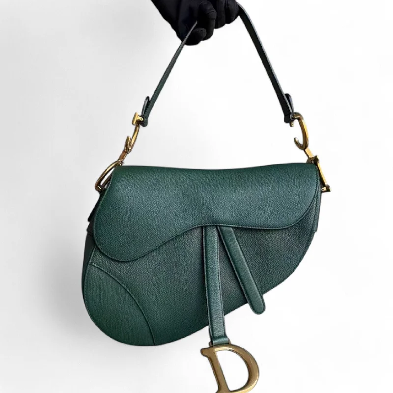 Christian Dior handbags with a back - pocket for quick storageDior Saddle Medium - Grained Calfskin Green Gold Hardware