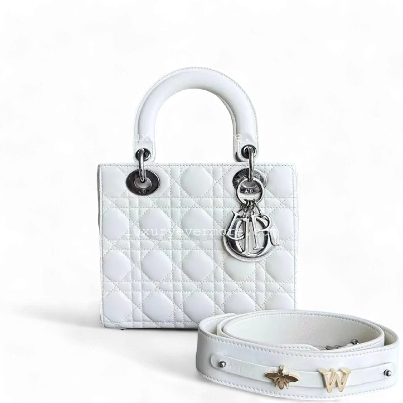 Christian Dior tote bags with a printed Dior logo on the frontDior Lady Small ABC MyABC Cannage Lambskin White Silver Hardware Shoulder Bag