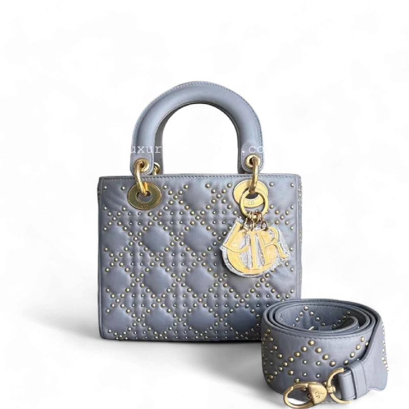 Luxury Christian Dior crossbody bags with a chain - link strapDior Small Lady Shoulder Bag - Studded Cannage Grey Gray Golden Hardware