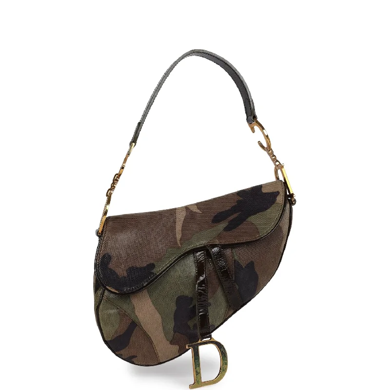 High - fashion Christian Dior bags with a geometric patternVintage Christian Dior Camouflage Saddle Bag Green and Brown Suede Gold Hardware