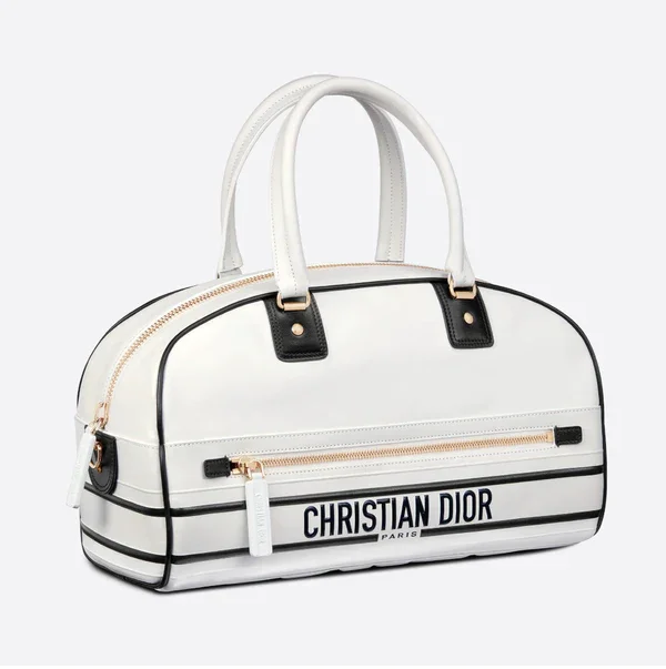 Contemporary Christian Dior handbags with a unique shapeCHRISTIAN DIOR White Quilted Leather Medium Vibe Bowling Bag