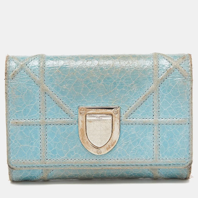 High - fashion Christian Dior bags with a geometric patternDIOR Blue Crinkled Leather ama Trifold Wallet