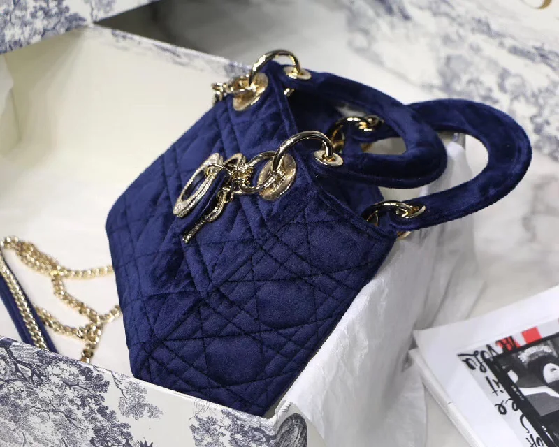 Luxury Christian Dior crossbody bags with a chain - link strapChristian Dior Blue Velvet Mini Lady Christian Christian Dior Bag With Chain