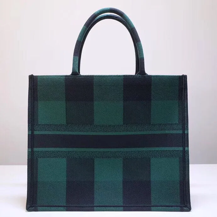 Christian Dior tote bags with a printed Dior logo on the frontChristian Dior Book Tote Bag In Green/Black Check Embroidered Canvas