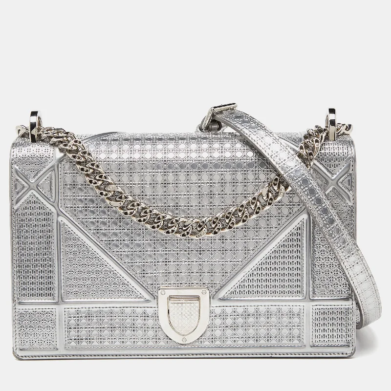 Christian Dior handbags with a snap - button closure and a decorative buckleDIOR Silver Microcannage Patent Leather Medium ama Flap Shoulder Bag