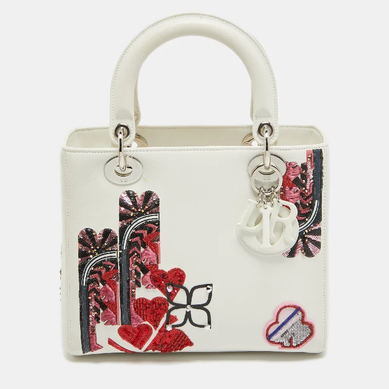 Fashion - forward Christian Dior tote bags for the modern womanDIOR White Leather Medium Sequin and Embroidered Lady  Tote