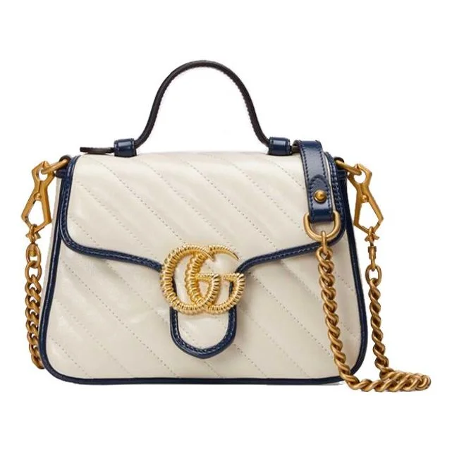 Women Gucci bags with a zippered interior pocket(WMNS) GUCCI GG Marmont Gold Logo Colorblock Leather Chain handbag Mini White / Blue Retro 583571-0OLFX-9085